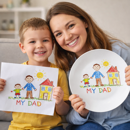 Personalized Kids Drawing Plate | Custom Child Artwork Printed on 10 Inch Dinner Plate | Gift for Dad Mom Grandma Grandpa | Unique Family Keepsake